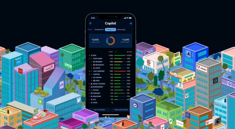 Copilot budget and money app surrounded by animation drawing of city